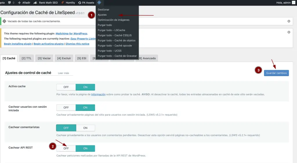 Wordpress para inmobiliarias, cache excluir apirest